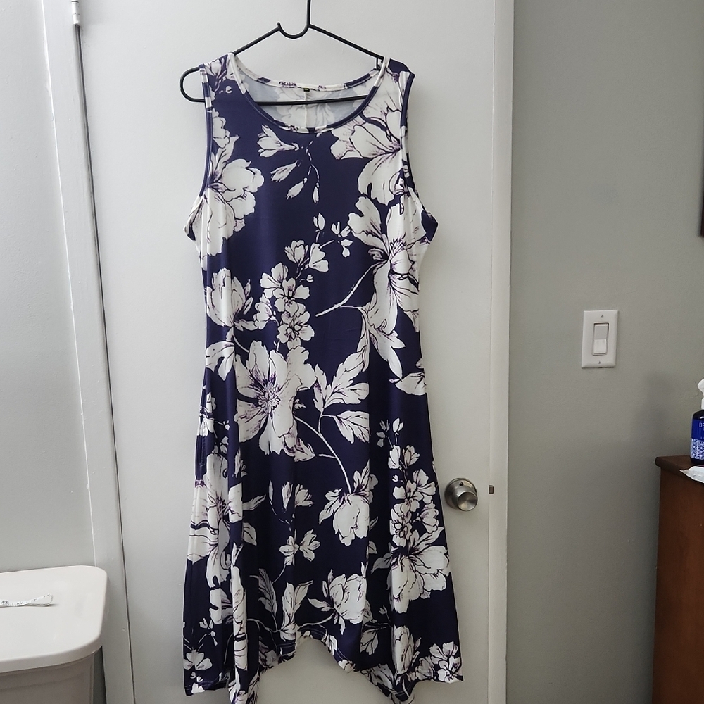 Amazon Essentials Blue and White Asymmetrical Pleated Sundress